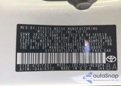 2016 Toyota Corolla Le Eco из США, поврежденный, VIN 5YFBPRHE2GP436728